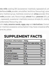 Supplement facts for Nanosupps Protein Cookies, showing nutrition information per 100g, including calories and macronutrient breakdown.